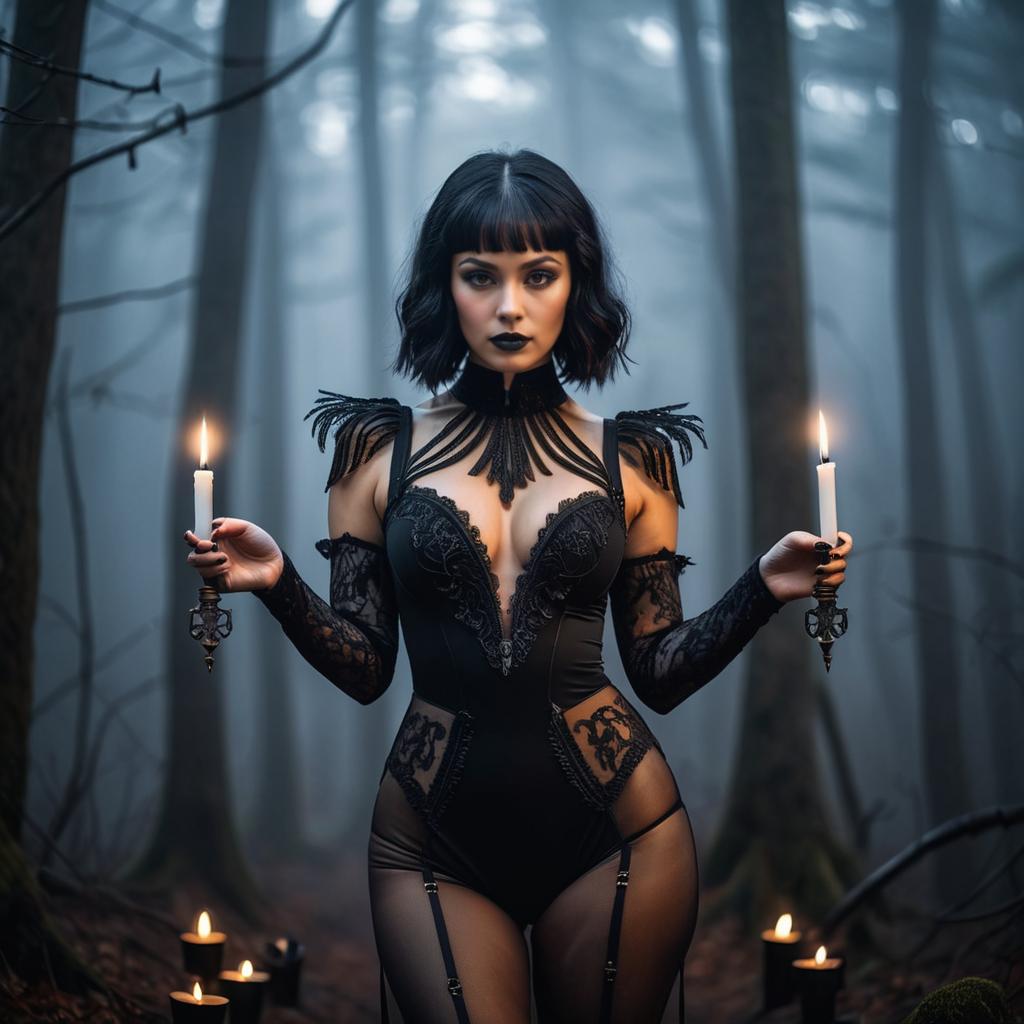Gothic Woman in Black Lingerie Holding Candles in Foggy Forest