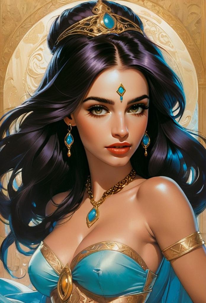 Fantasy Portrait of Regal Woman with Gold Jewelry and Blue Gemstones