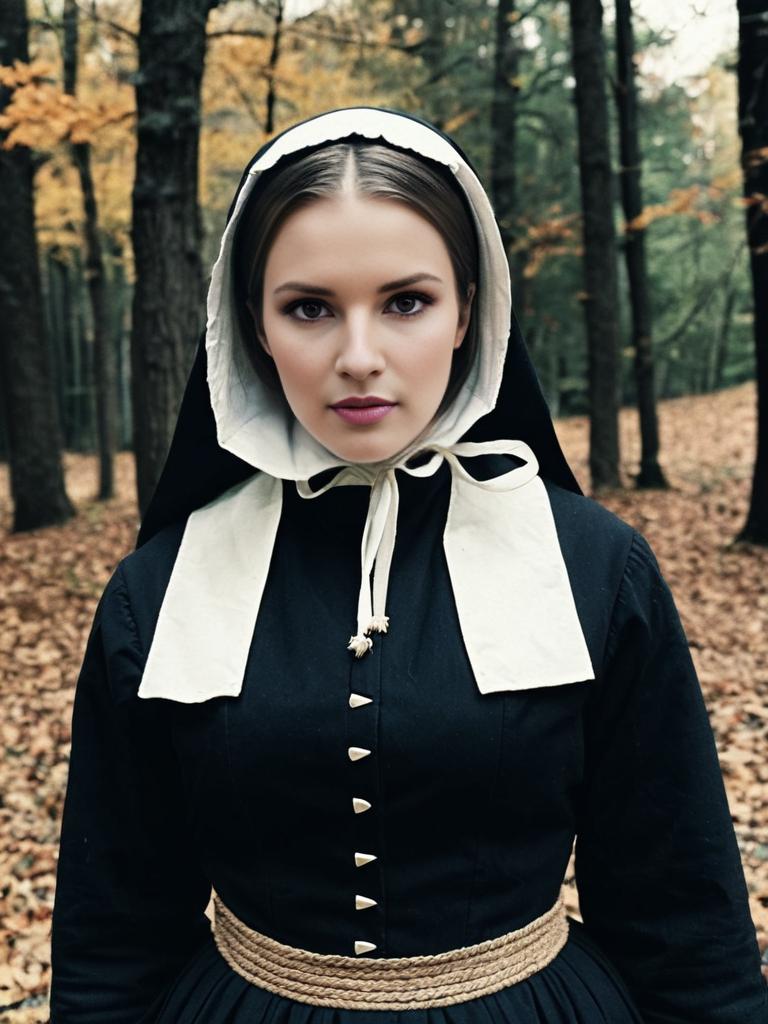 Young Woman in Traditional Pilgrim Dress in Autumn Forest