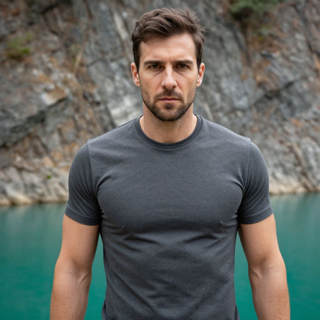 Portrait of Serious Man in Gray T-Shirt by Rocky Lake