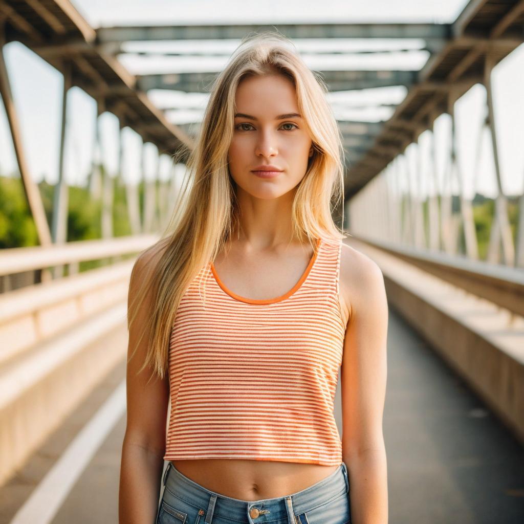 Portrait of Young Woman in Striped Crop Top on Urban Bridge