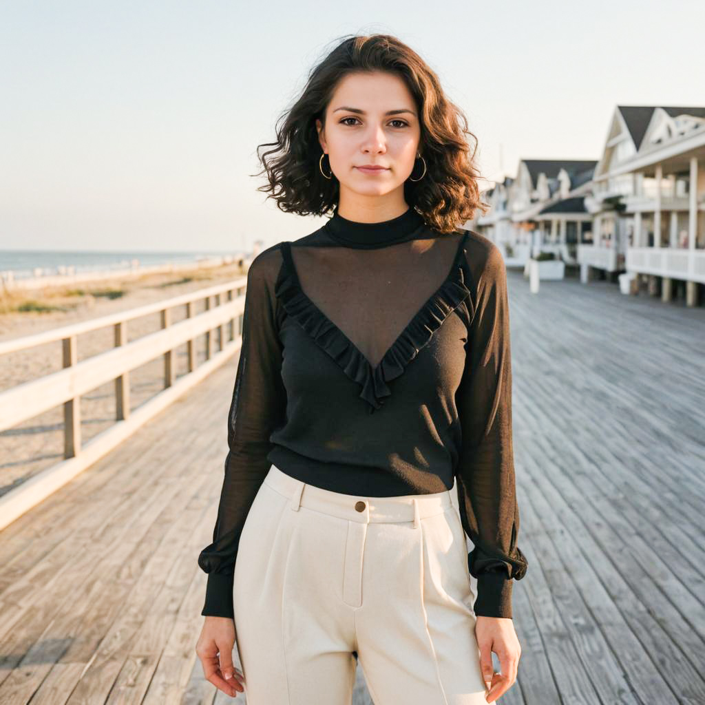 Stylish Woman on Beach Boardwalk at Golden Hour