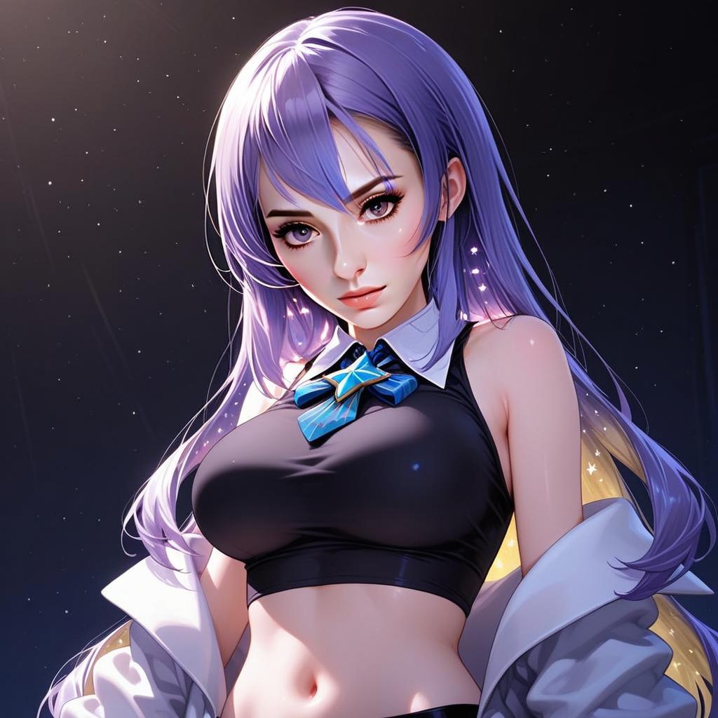 Anime Style Woman with Lavender Hair in Black Crop Top and Blue Bow