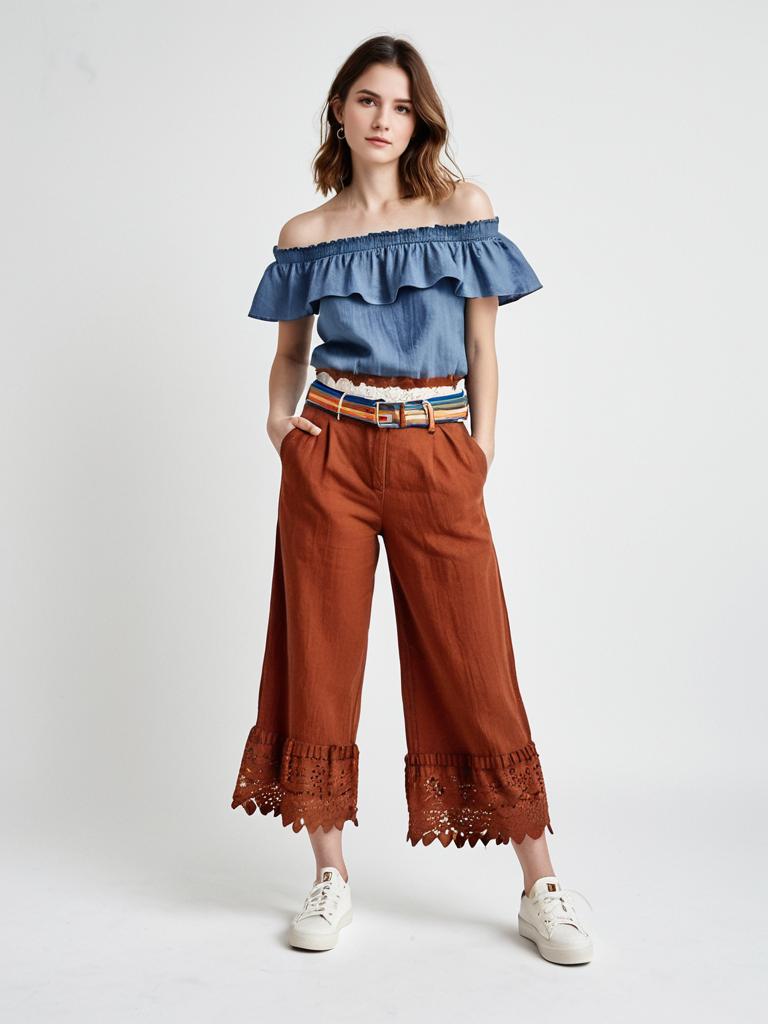 Young Woman in Off-Shoulder Blue Top and Rust Wide-Leg Pants with Lace Detail