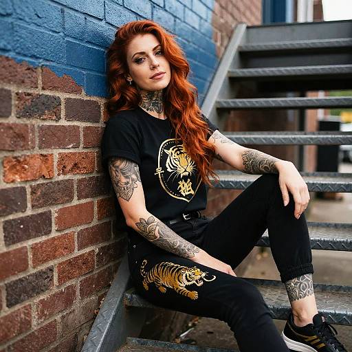 Tattooed Woman in Black Streetwear with Gold Tiger Design Sitting on Stairs