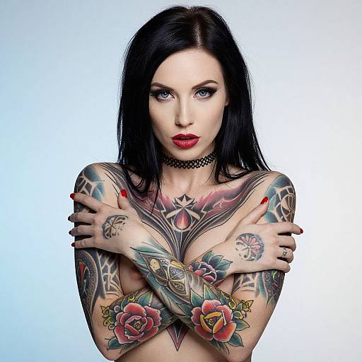 Tattooed Woman with Floral and Geometric Ink Art Posing with Arms Crossed