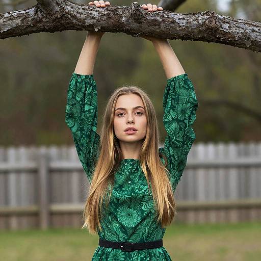 Woman in Green Floral Dress Holding Tree Branch Outdoors