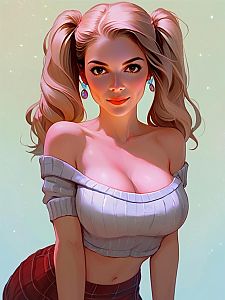 Confident Woman with Blonde Ponytails in Crop Top and Plaid Skirt