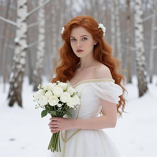 Red-Haired Woman in White Dress Holding White Roses in Snowy Birch Forest