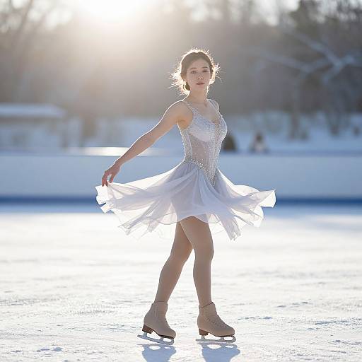 Elegant Woman Ice Skater in Flowing Dress on Outdoor Rink