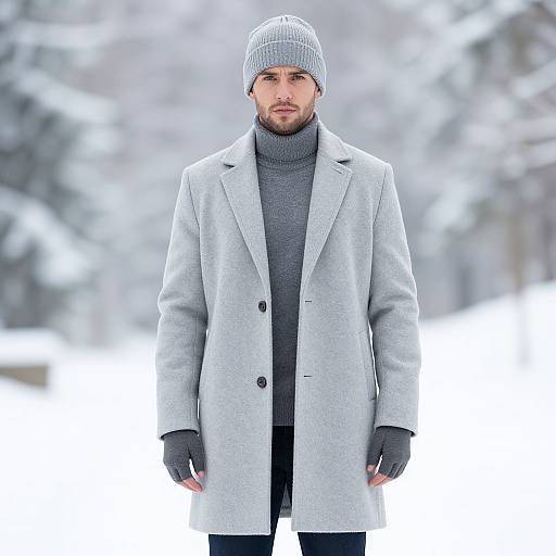 Man Wearing Light Gray Winter Coat and Knit Hat in Snowy Landscape