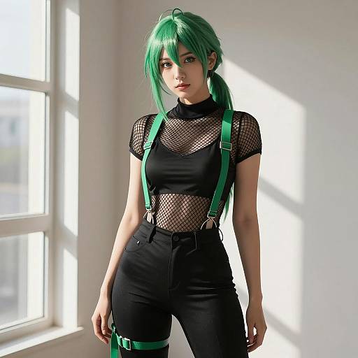 Stylish Gen Z Woman with Green Hair in Edgy Fashion Outfit