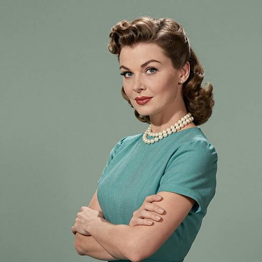 Vintage 1950s Woman in Turquoise Dress and Pearl Necklace