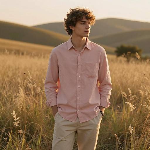 Young Man Standing in Golden Field at Sunset Casual Style