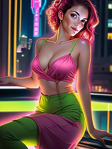 Confident Young Woman in Cyberpunk Urban Nightscape