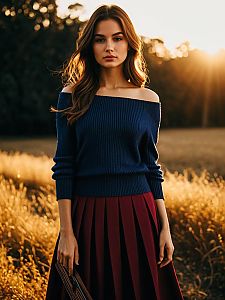 Young Woman in Blue Sweater and Burgundy Skirt in Sunlit Field