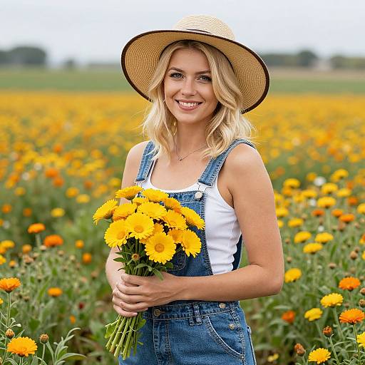Smiling Woman in Straw Hat Holding Yellow Flowers in Vibrant Flower Field