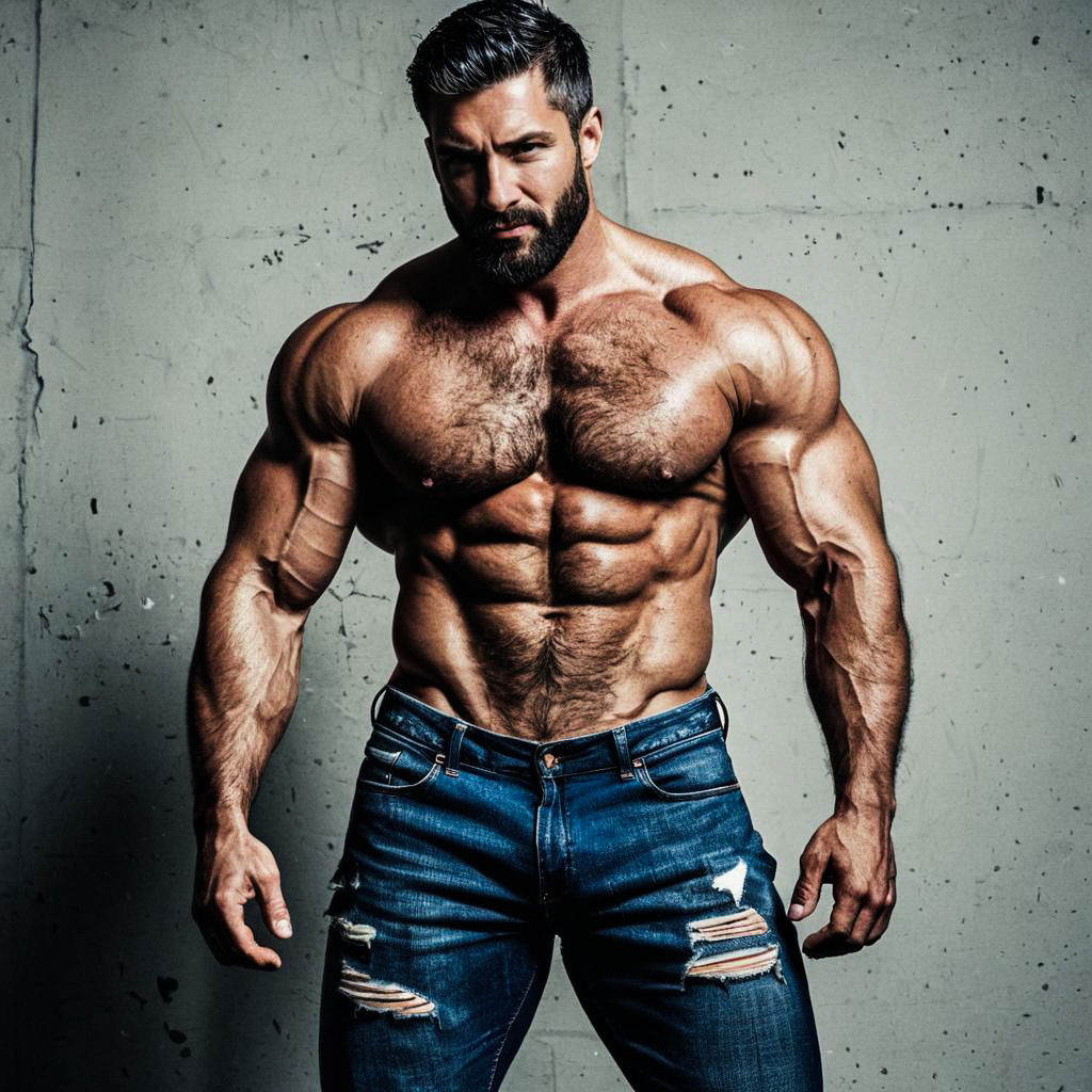 Muscular Man Posing Shirtless Against Concrete Wall
