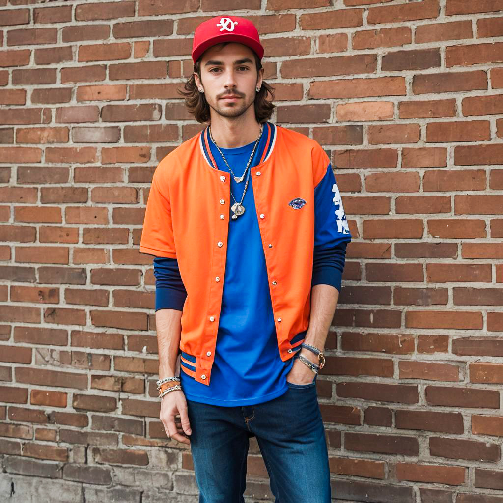 Stylish Young Man in Orange Jacket Against Brick Wall