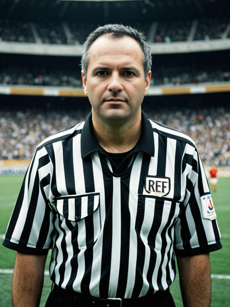Man in Referee Costume Photorealistic Outdoor Portrait in Stadium