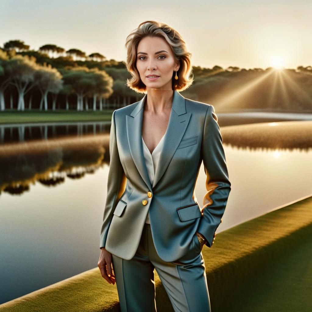 Confident Woman in Stylish Suit at Sunset