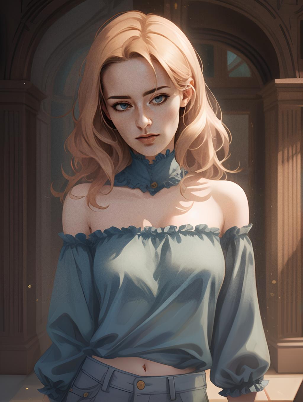 Young Woman in Blue Blouse - Digital Artwork