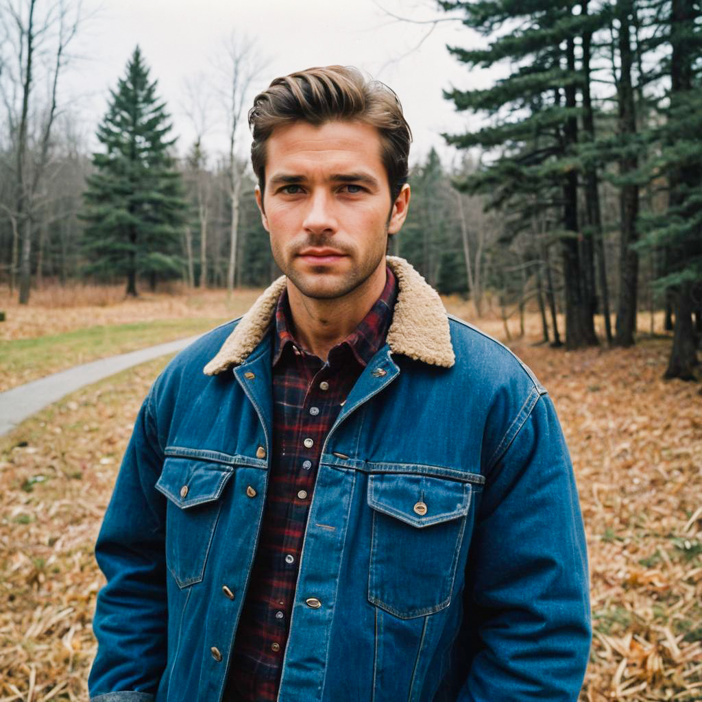 Young Man in Denim Jacket and Plaid Shirt Outdoors in Autumn Forest