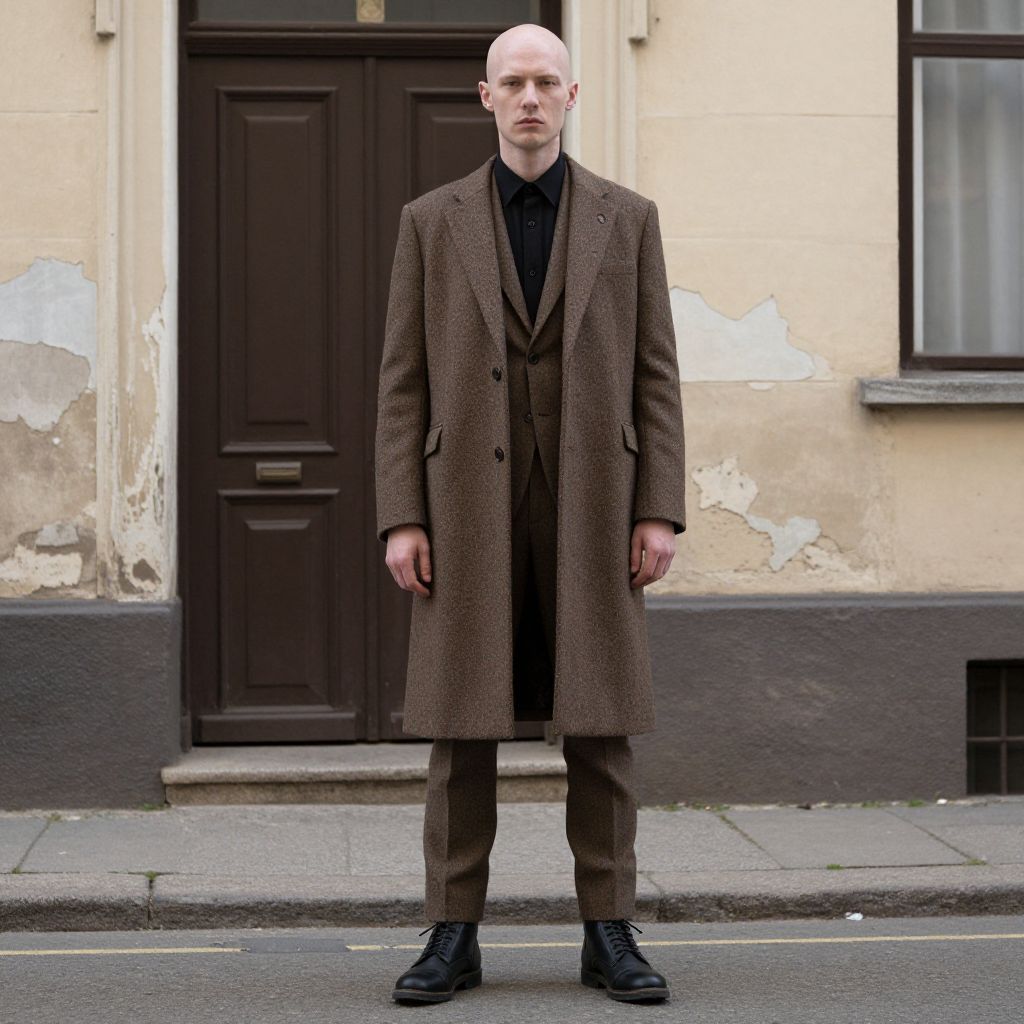 Man Wearing Brown Tweed Suit and Overcoat Standing on Urban Street