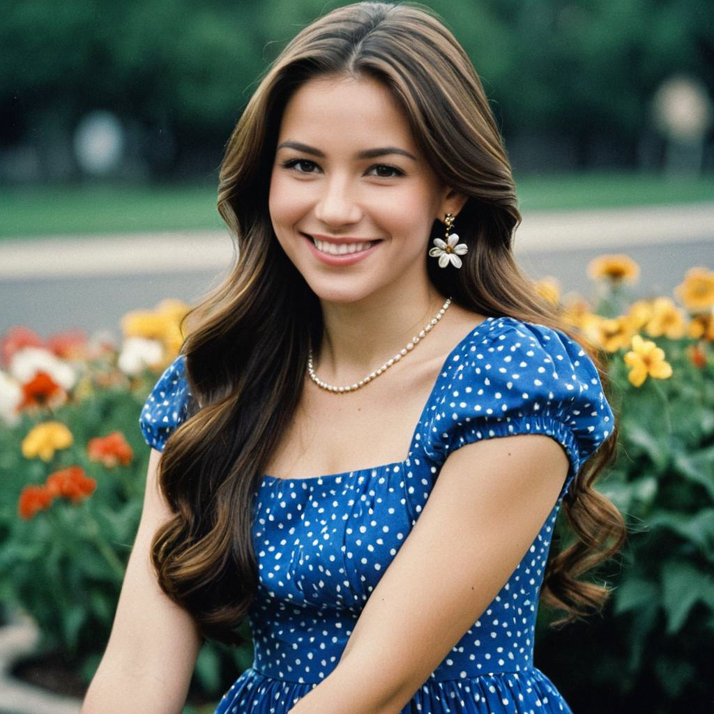 Smiling Woman in Blue Polka Dot Dress in Garden