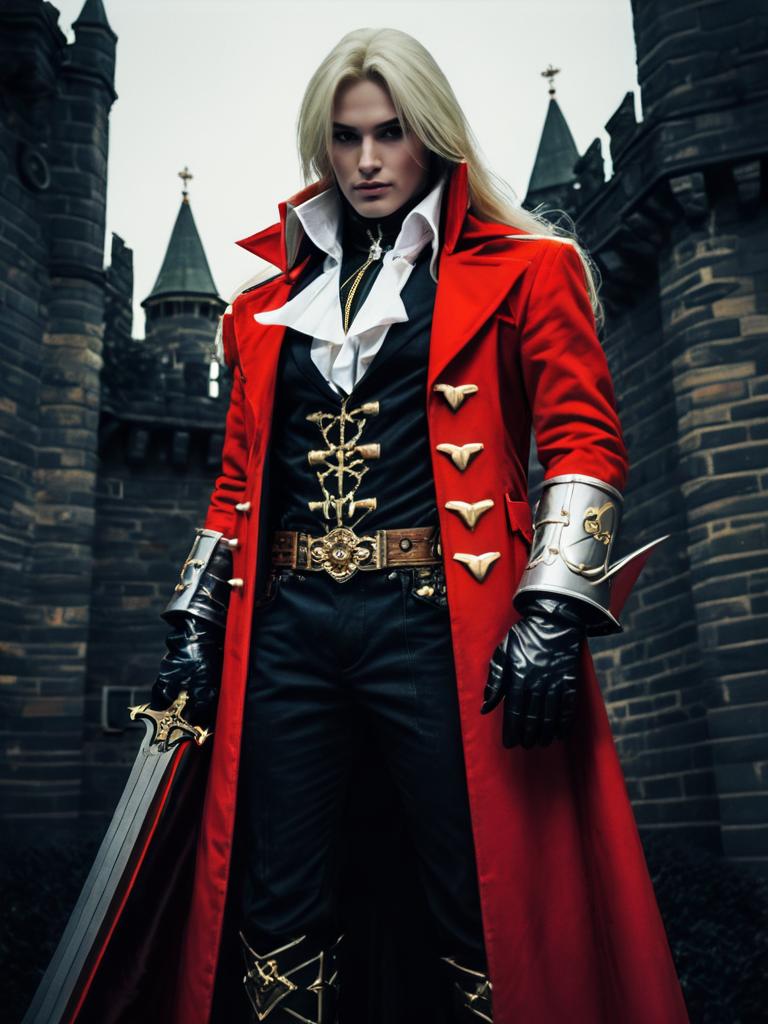 Man in Realistic Alucard Castlevania Cosplay with Red Coat and Sword