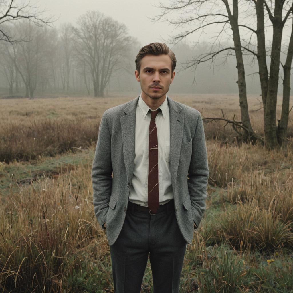 Stylish Man in Vintage Fashion in Misty Landscape