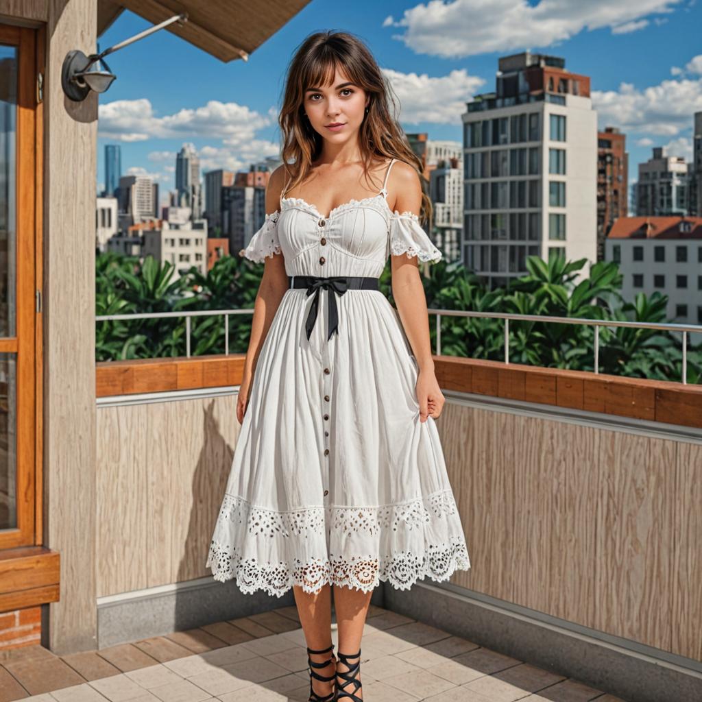 Woman in Vintage White Dress on Urban Balcony