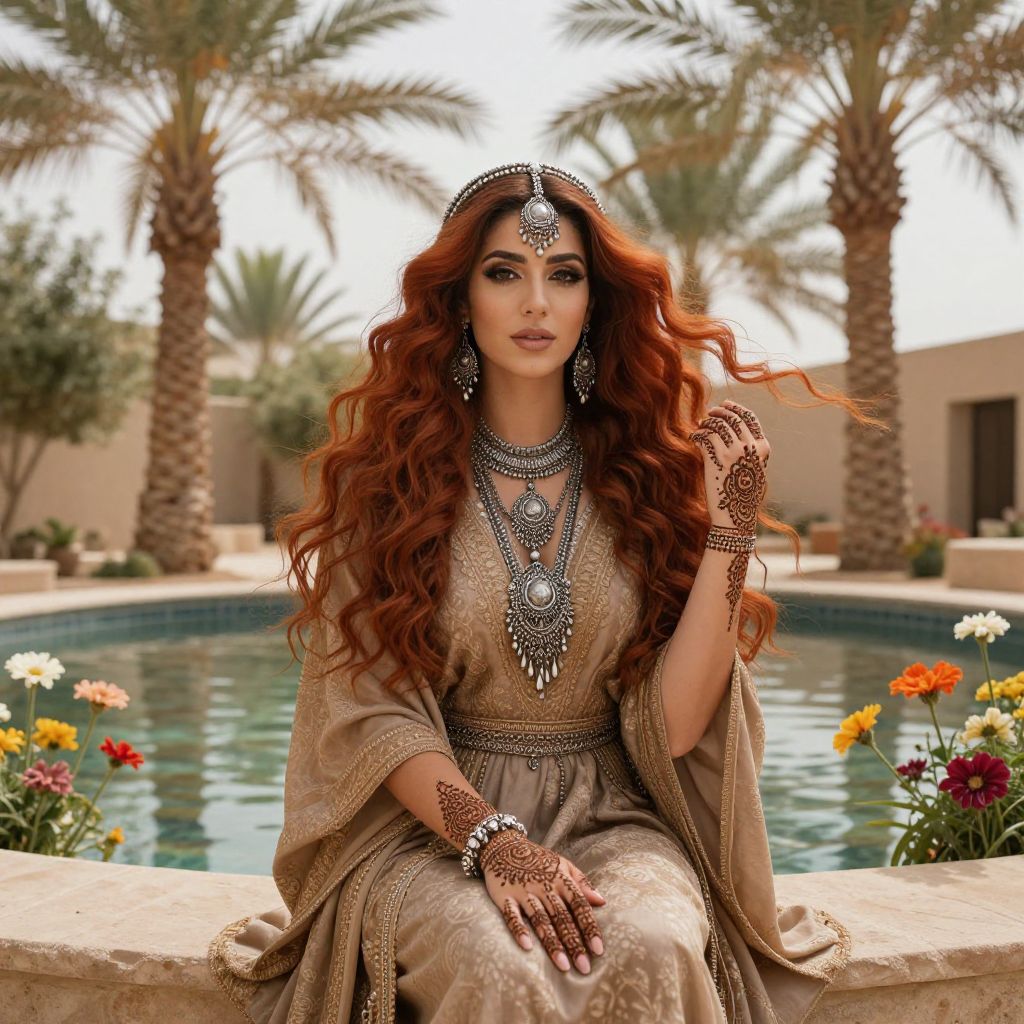 Elegant Woman with Red Hair and Henna by Poolside Surrounded by Palm Trees