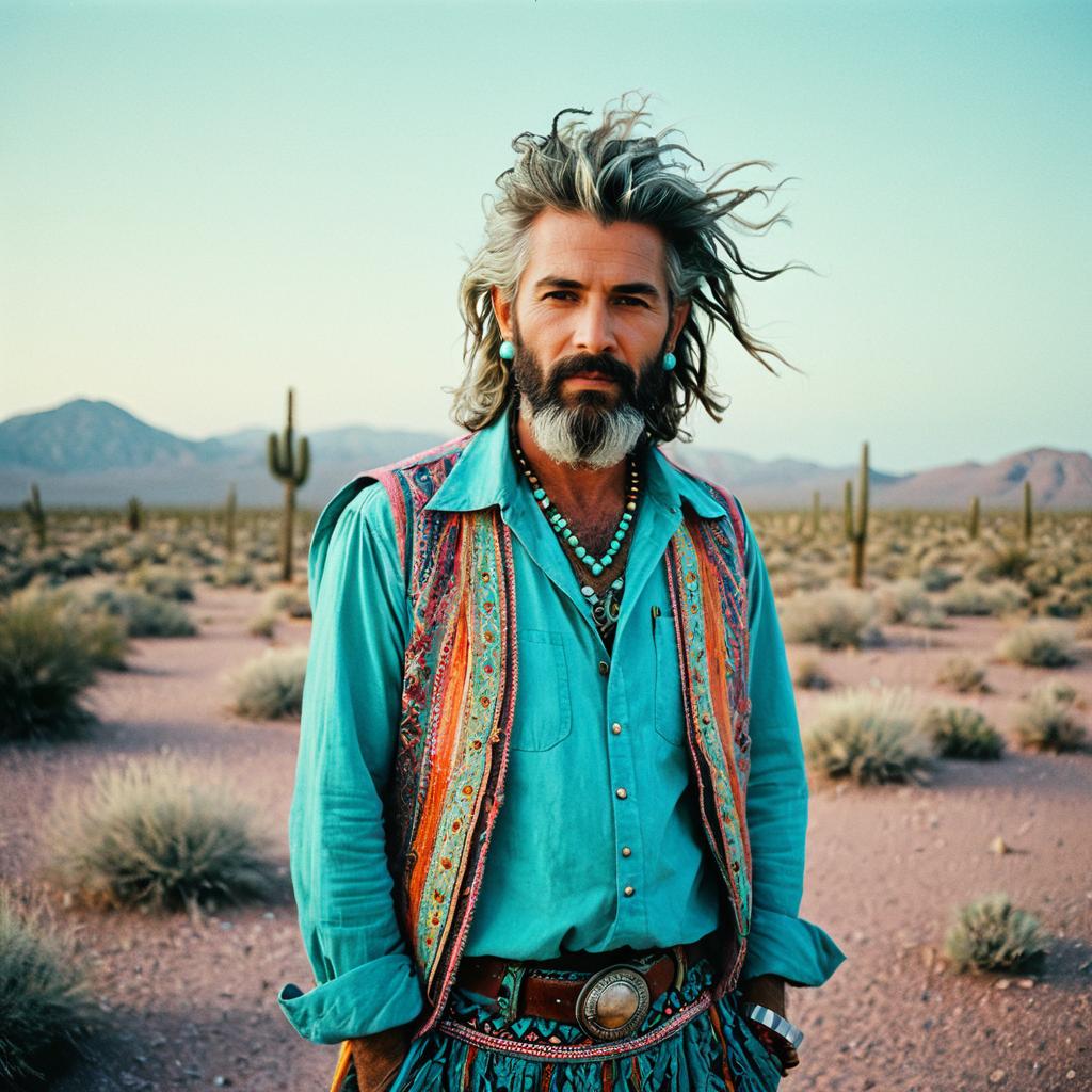 Bohemian Man in Turquoise Outfit Standing in Desert Landscape
