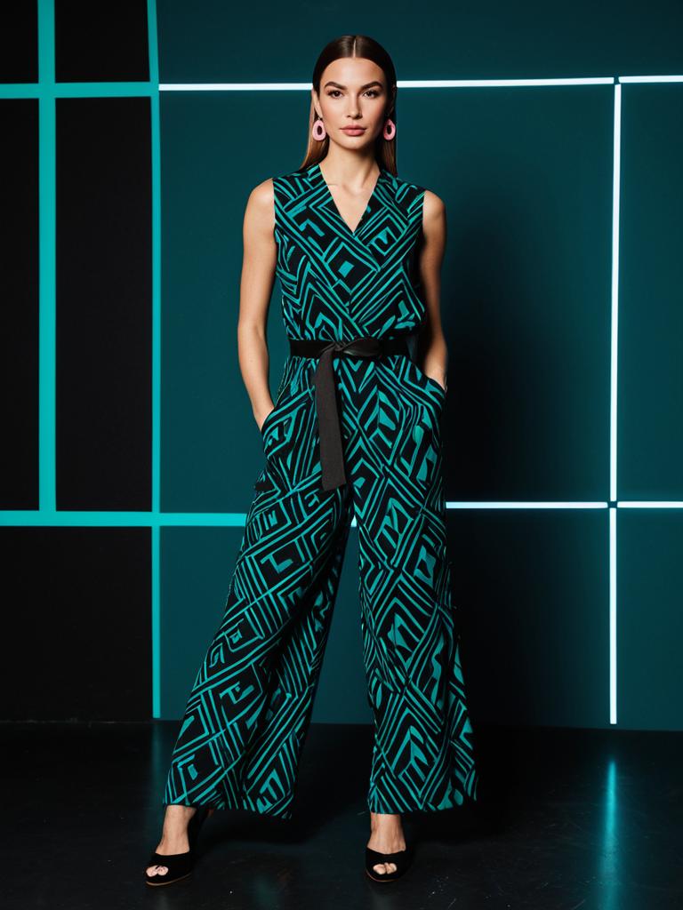 Woman in Modern Aztec Patterned Jumpsuit with Geometric Teal Background