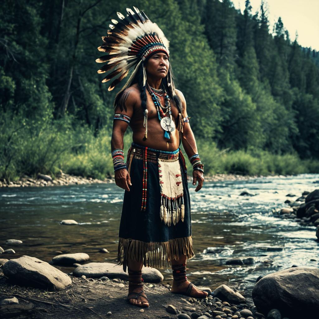 Native American Man in Traditional Feathered Headdress by River