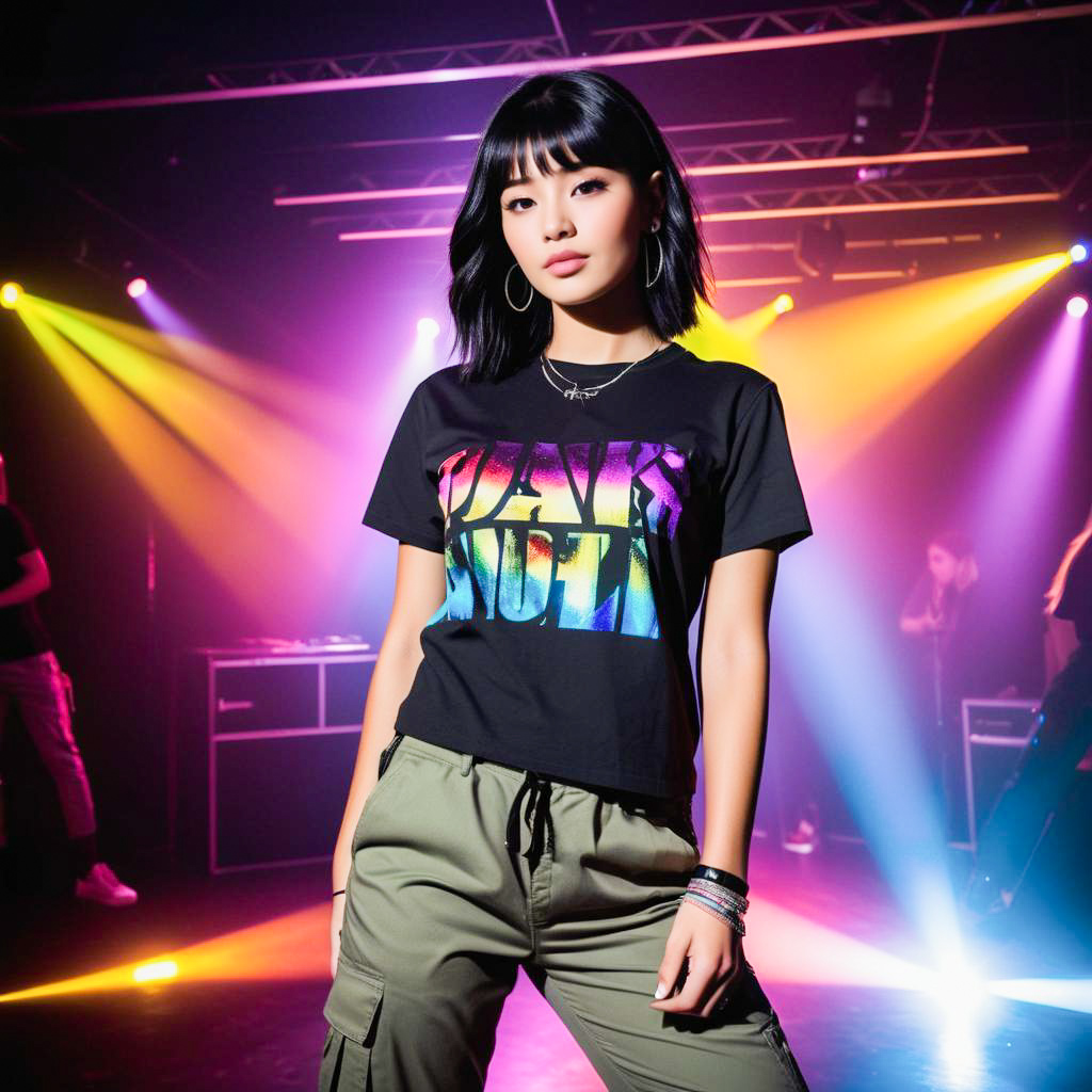 Stylish Young Woman in 'DANCE' T-Shirt with Colorful Stage Lights