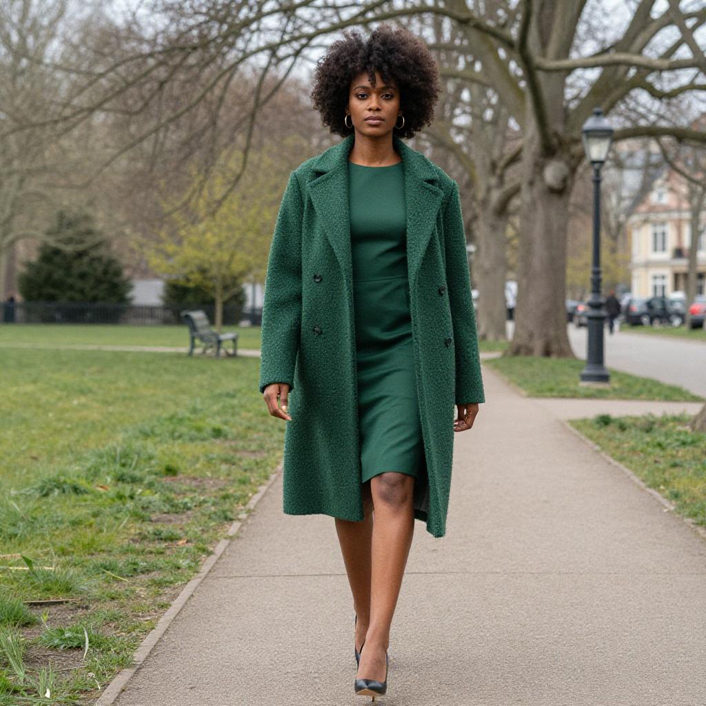 Woman in Dark Green Dress and Wool Coat Walking in Park