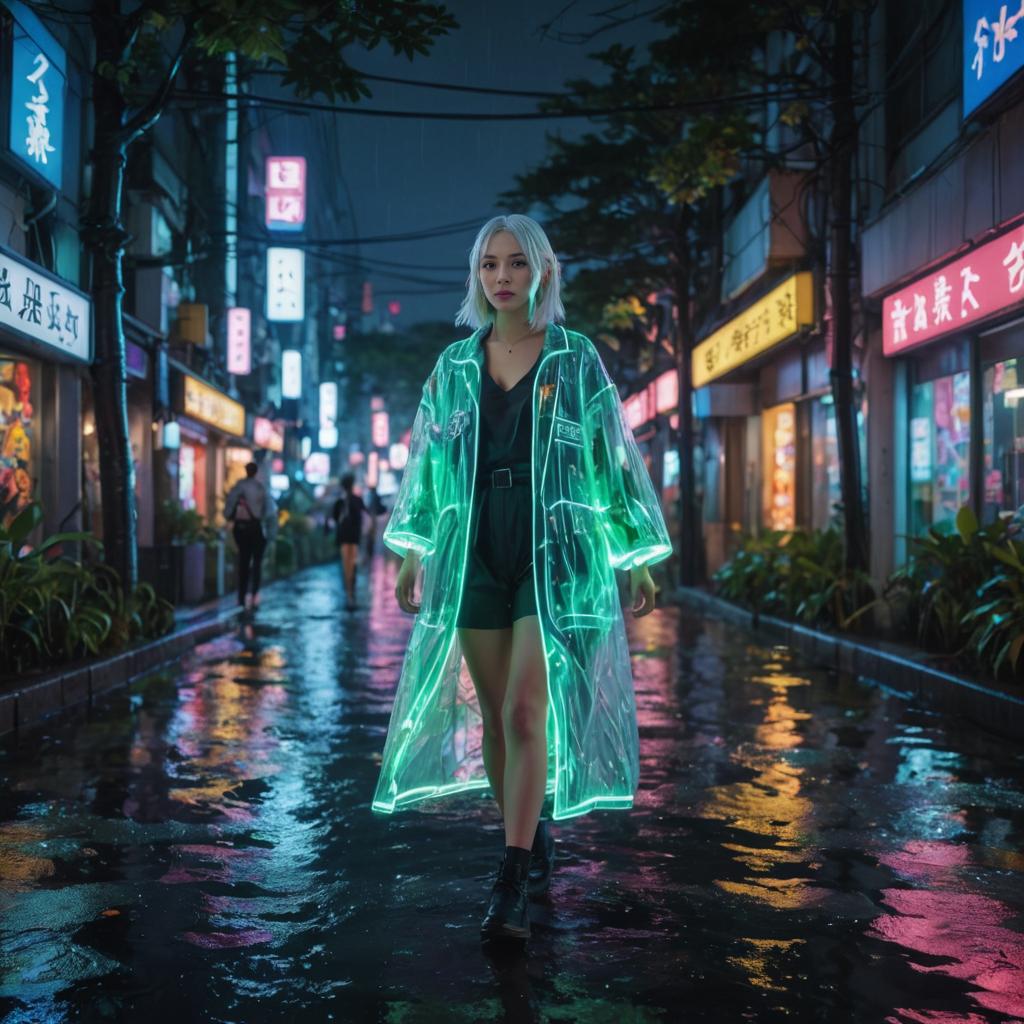 White-haired girl in vibrant, rain-soaked Tokyo street at night