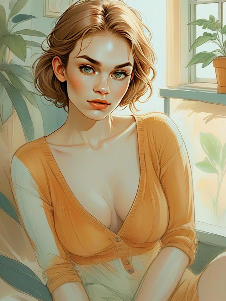 Portrait of a Woman in Orange Cardigan by Window