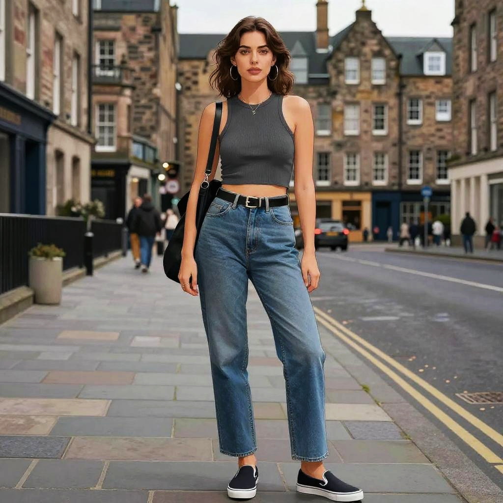 Woman in Casual Streetwear Wearing Charcoal Grey Cropped Ribbed Tank Top and Blue Jeans