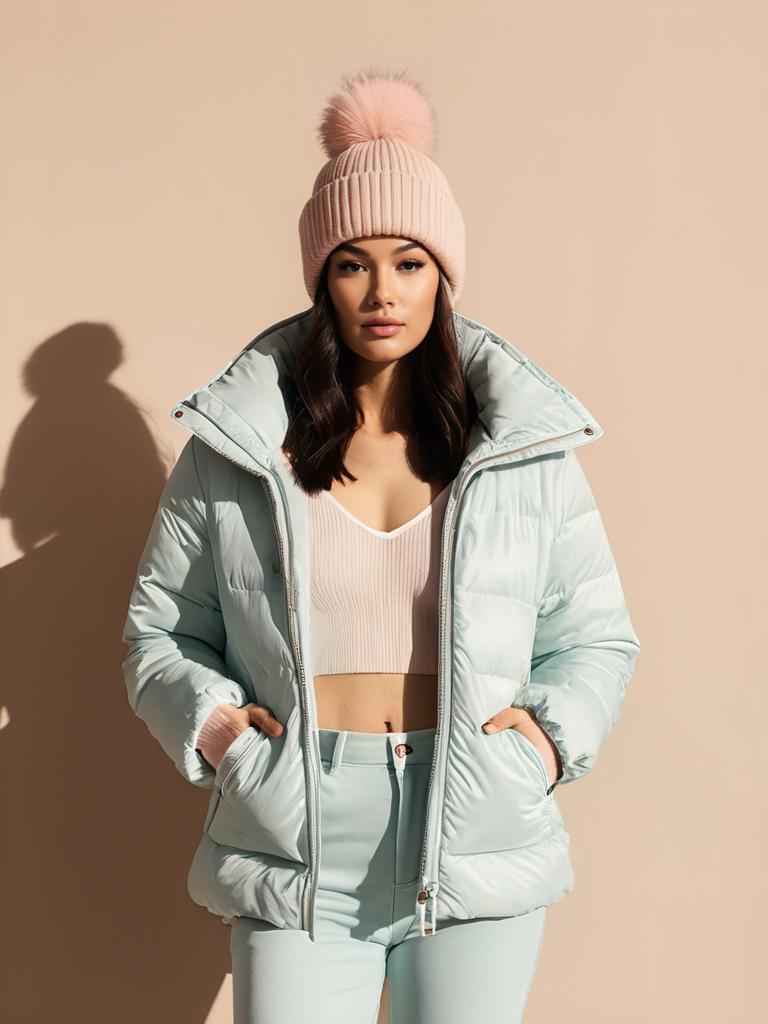 Woman in Modern Winter Chic Glossy Metallic Pink Puffer Jacket with Beanie