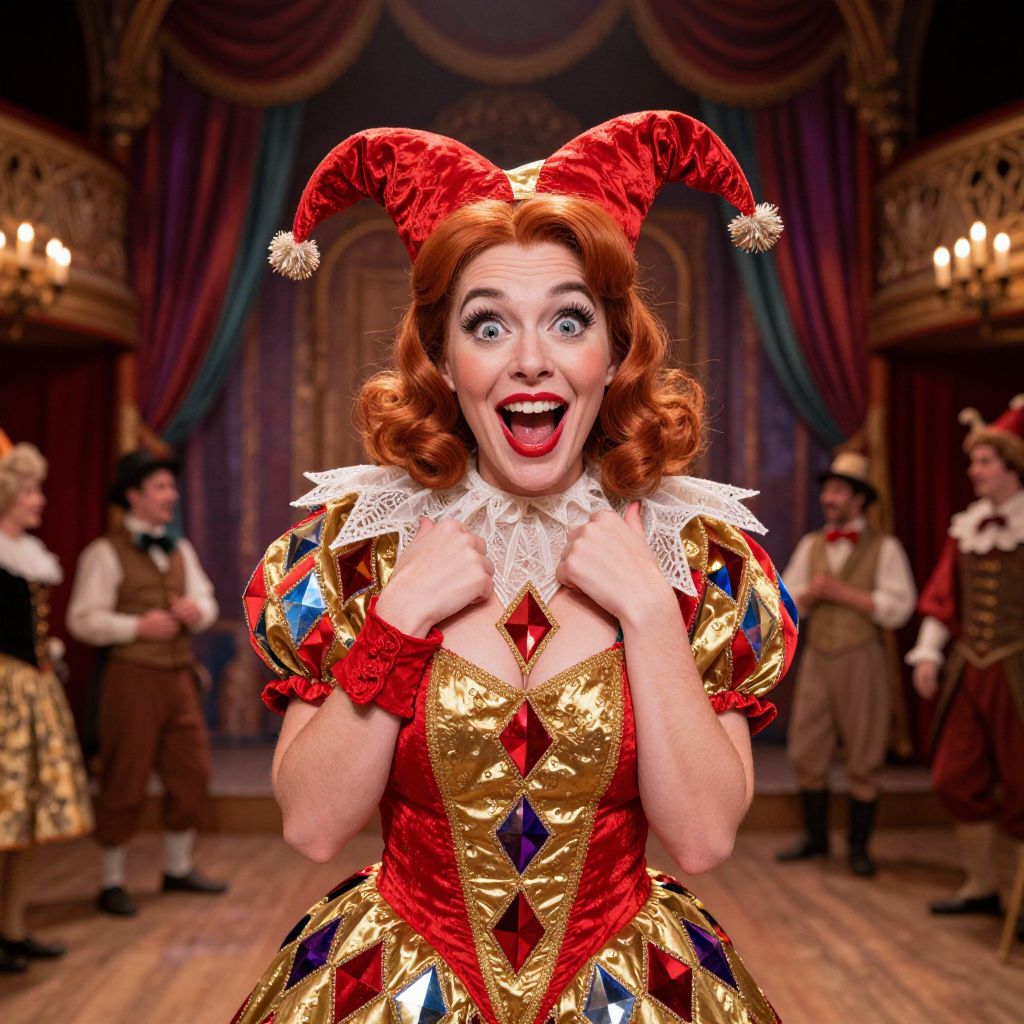 Court Jester Woman in Colorful Renaissance Costume on Theater Stage