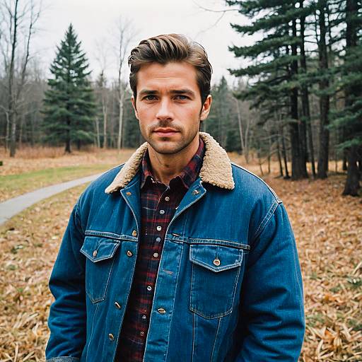 Young Man in Denim Jacket and Plaid Shirt Outdoors in Autumn Forest