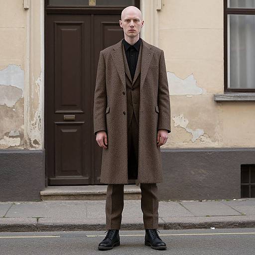Man Wearing Brown Tweed Suit and Overcoat Standing on Urban Street