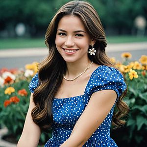 Smiling Woman in Blue Polka Dot Dress in Garden