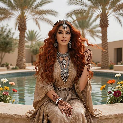 Elegant Woman with Red Hair and Henna by Poolside Surrounded by Palm Trees