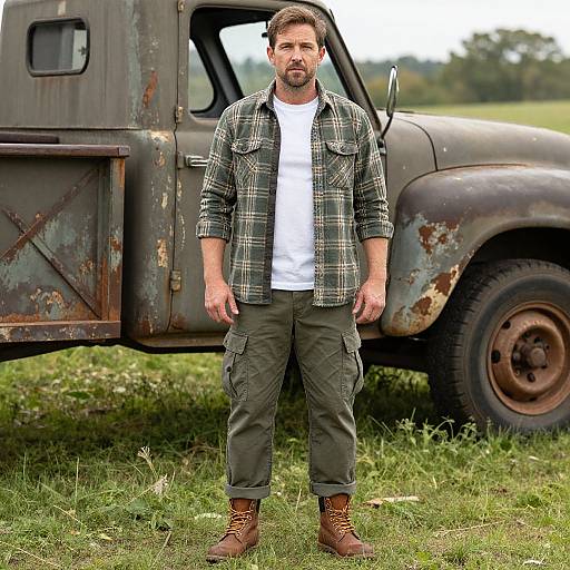 Rugged Man Standing by Vintage Rusted Truck in Outdoor Field