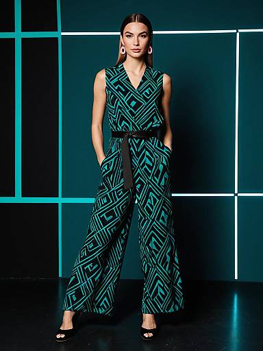 Woman in Modern Aztec Patterned Jumpsuit with Geometric Teal Background