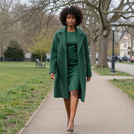 Woman in Dark Green Dress and Wool Coat Walking in Park